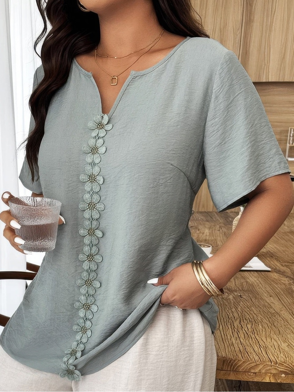 Floral Patchwork Ruffle Trim Loose Top